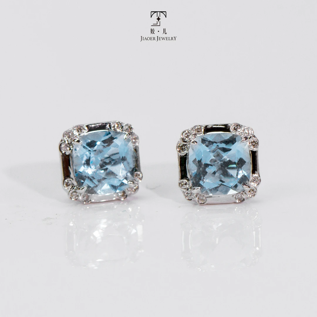 【Recoral】18K金1.75ct海蓝宝钻石K白耳钉简约轻奢蓝色精致珠宝