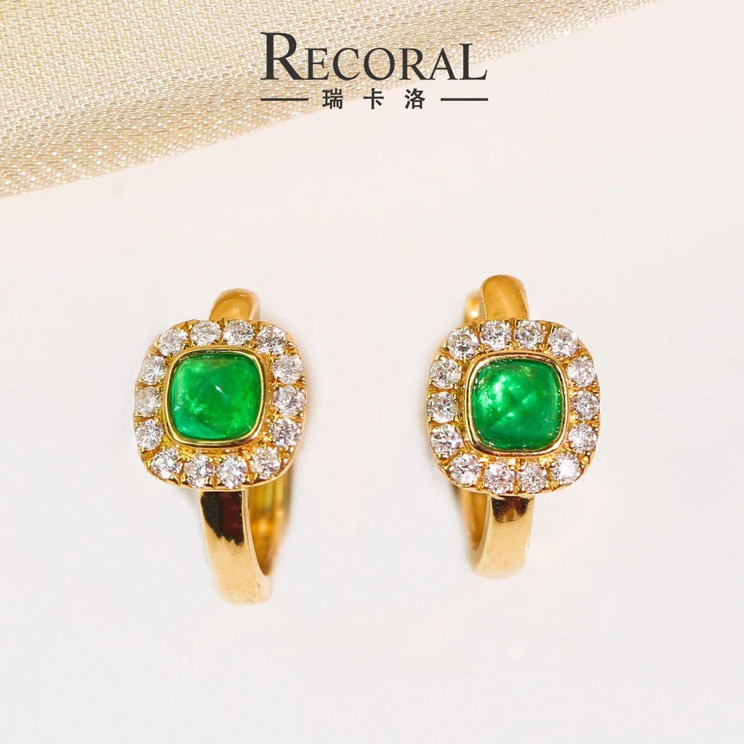 【姣儿珠宝】18K金50分哥伦比亚木佐糖塔钻石祖母绿耳扣大圈口