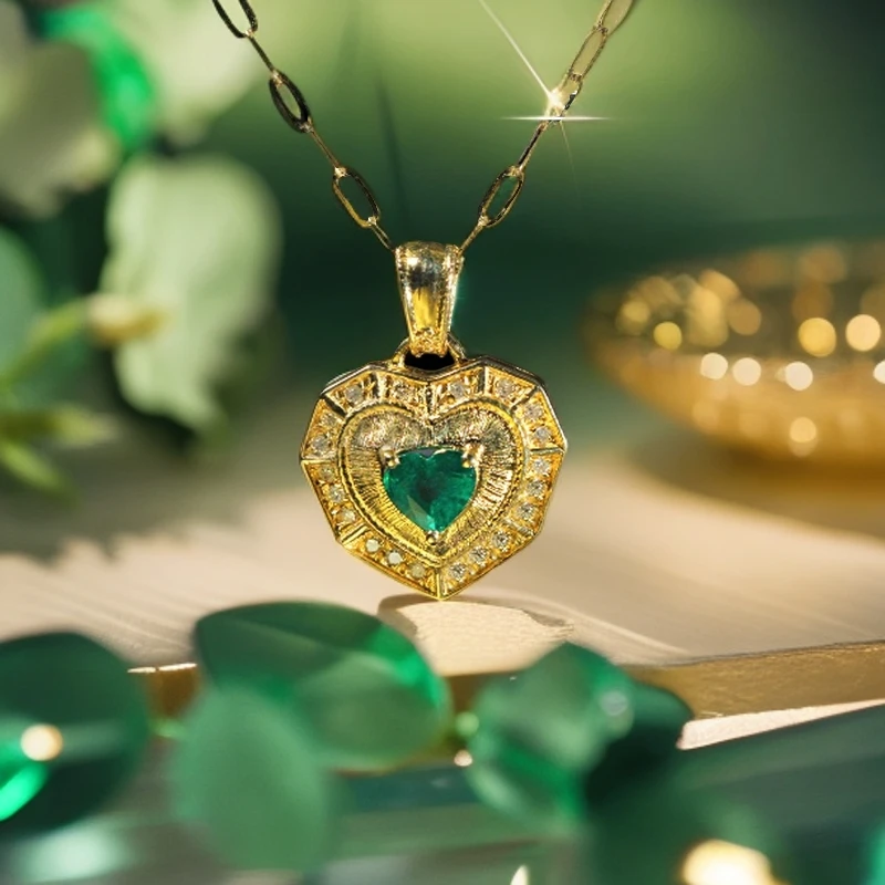 【Recoral】18K金K黄30分阿富汗祖母绿爱心设计款钻石一吊坠套链