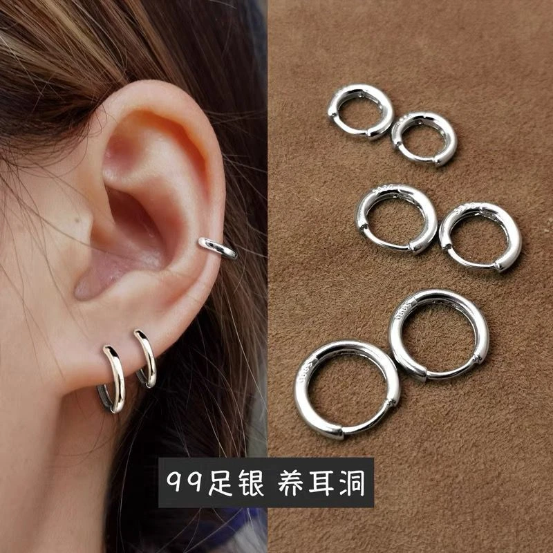 睡觉不用摘s925银光面耳圈女耳扣小耳环耳钉气质耳骨钉养耳简约