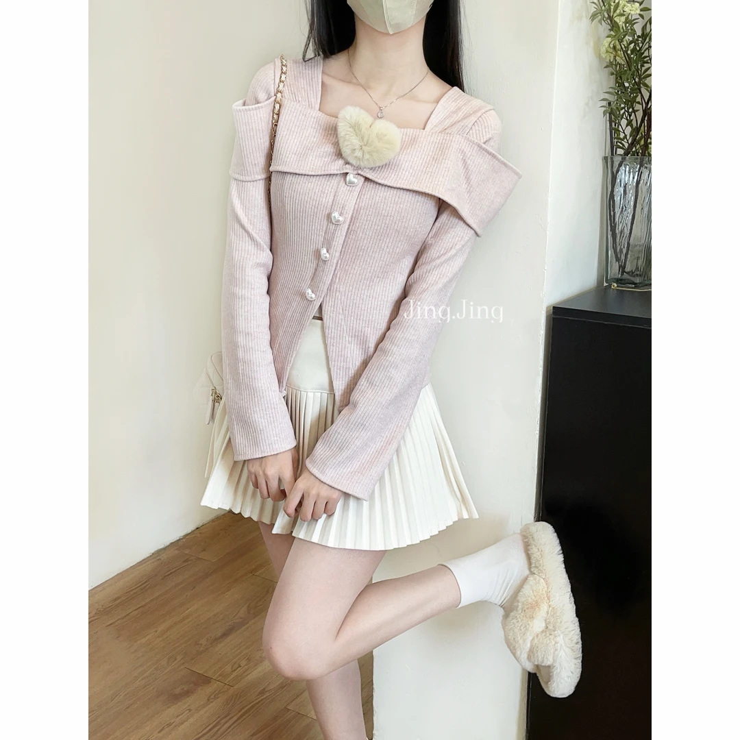 【jingjing】一字肩长袖针织开衫女2023秋冬新款纯欲风收腰修身上衣