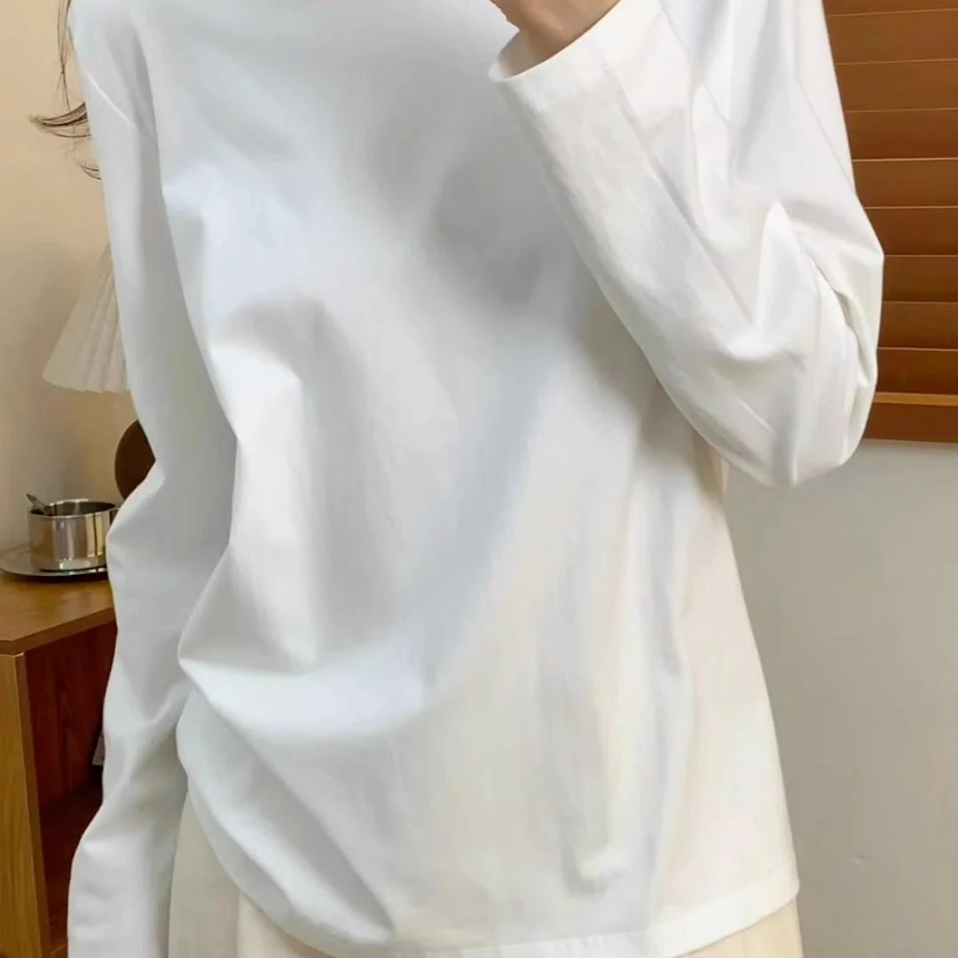 简约纯棉正肩长袖白色T恤女秋冬季内搭休闲基础款打底衫百搭上衣