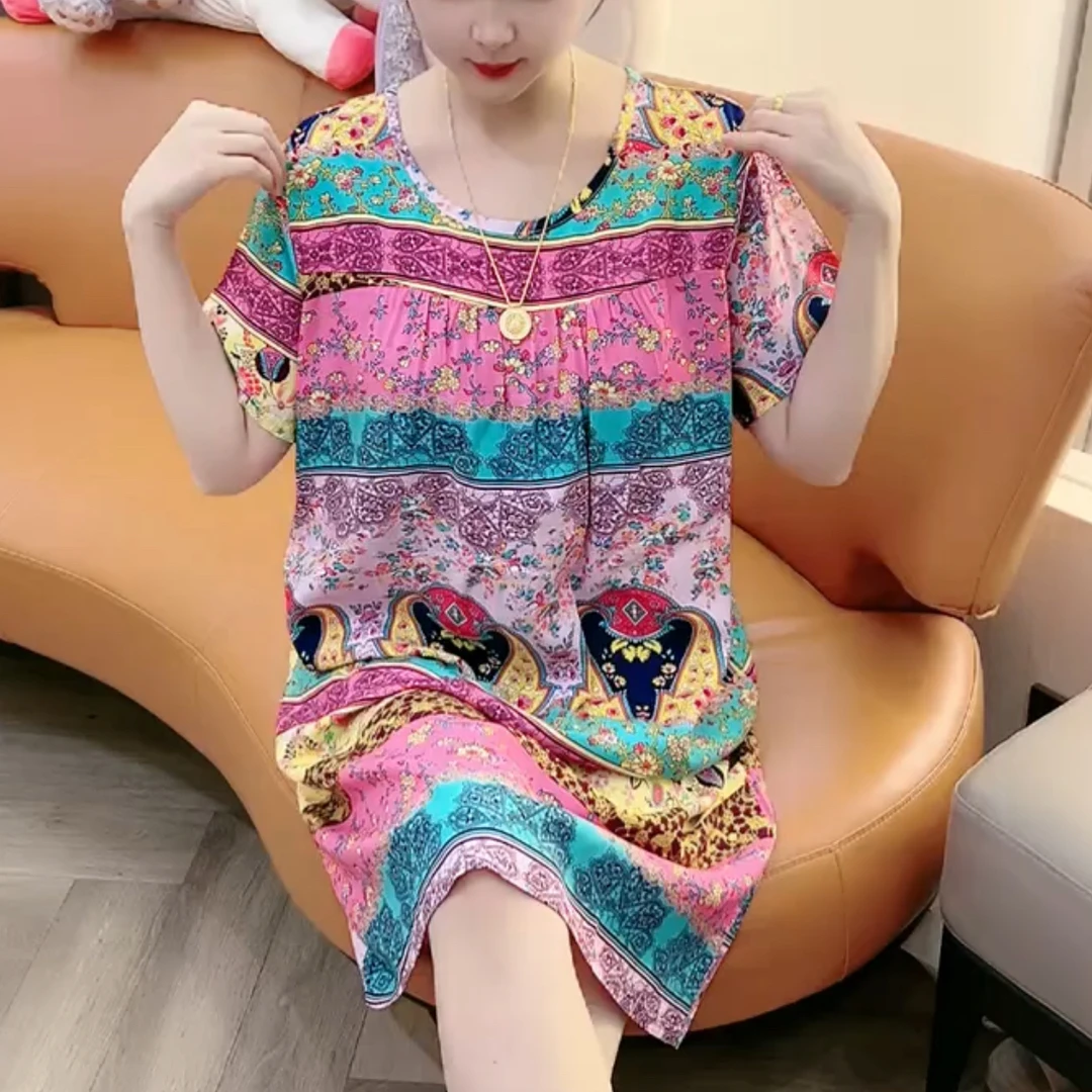 圆领短袖人棉睡裙加肥加大家居服睡衣女遮肚子居家服（花型不定位）