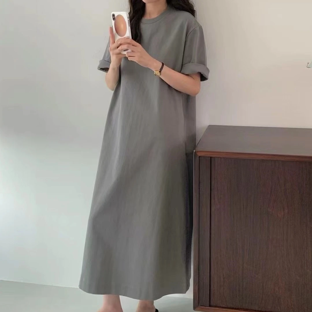 朵儿定制【诗意绽放】韩国纯色圆领基础款百搭宽松连衣裙HS80