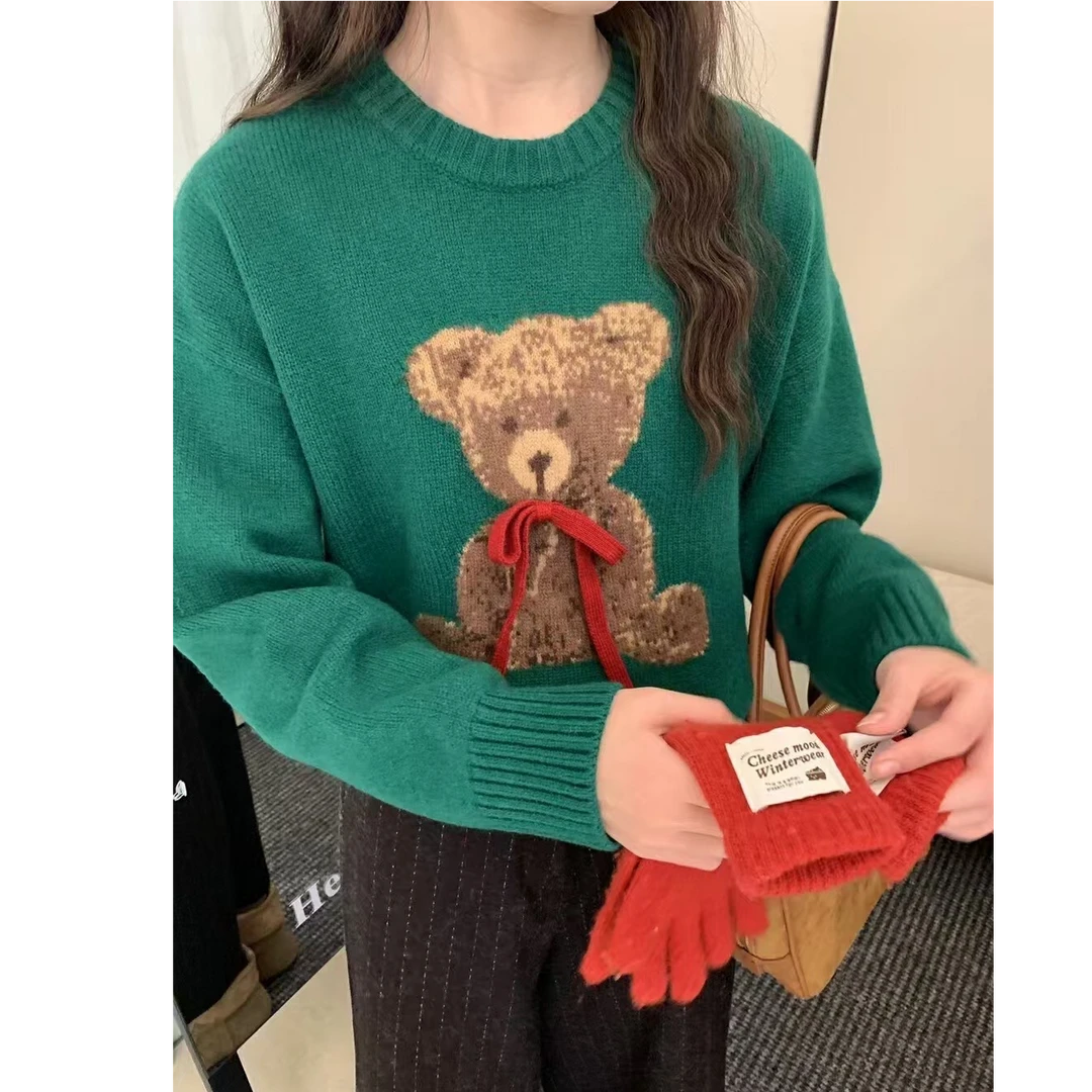 朵儿定制 卡通立体蝴蝶结小熊圆领套头毛衣IF87