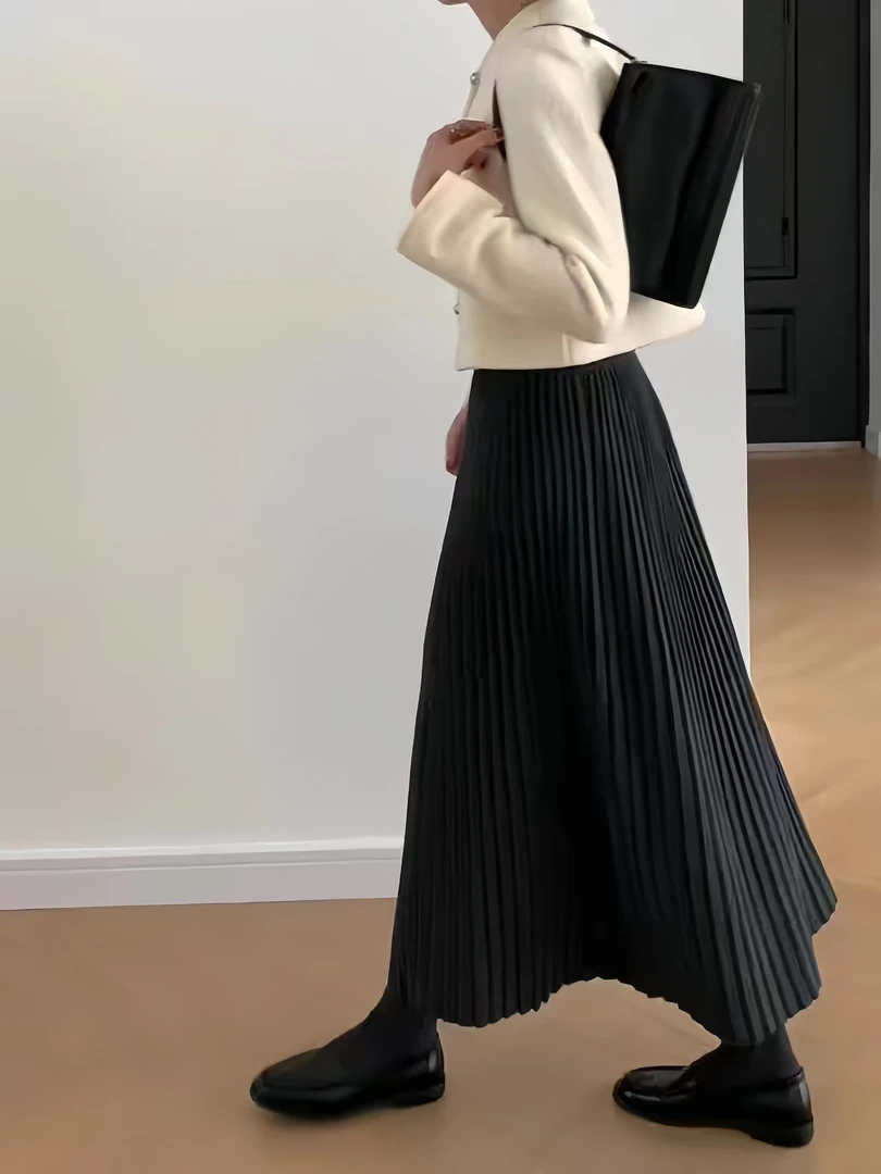 朵儿定制 法式气质纯色百褶半身裙 松紧腰垂感显瘦长裙IH79