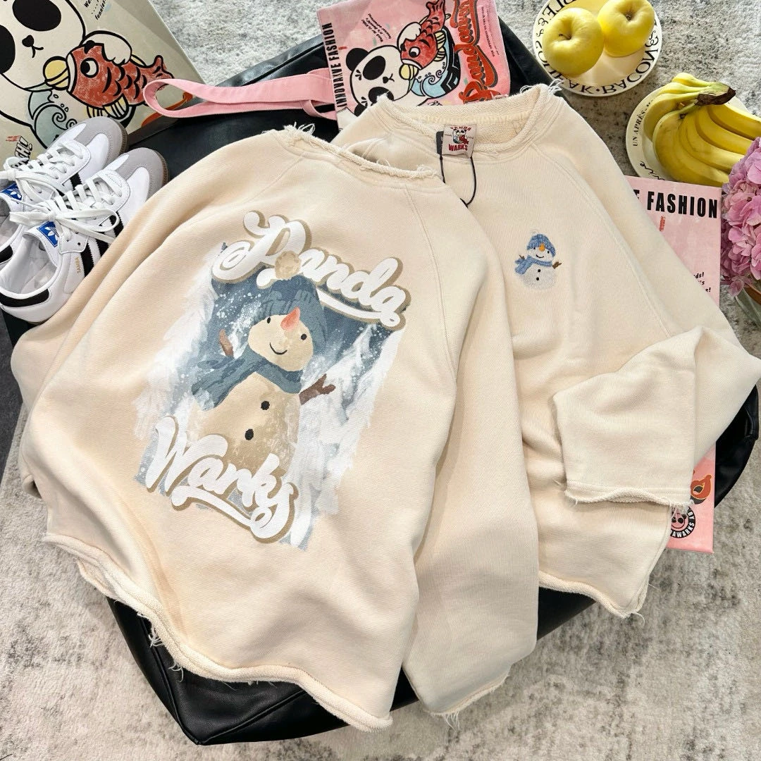 朵儿定制【小雪人】雪人刺绣纯棉毛边圆领卫衣IH26