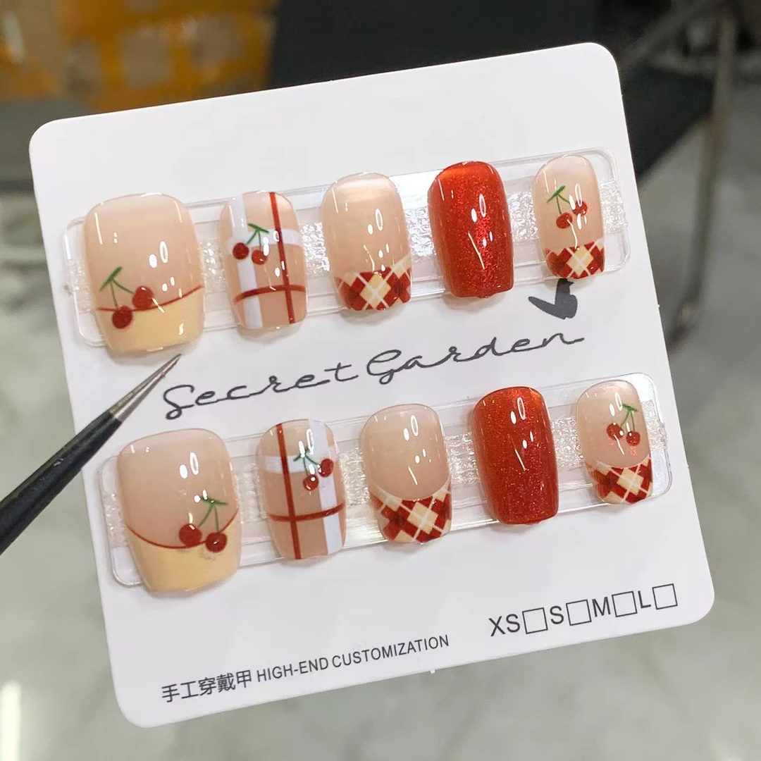 安可拉红猫眼樱桃法式穿戴显白短款半手工可拆卸新款雾面邮小清新