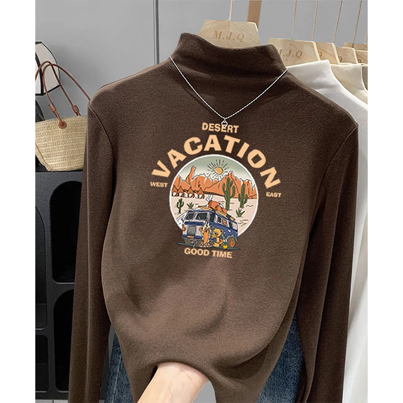 时尚洋气高档次德绒加厚半高领长袖t恤女精致内搭上衣百搭打底衫