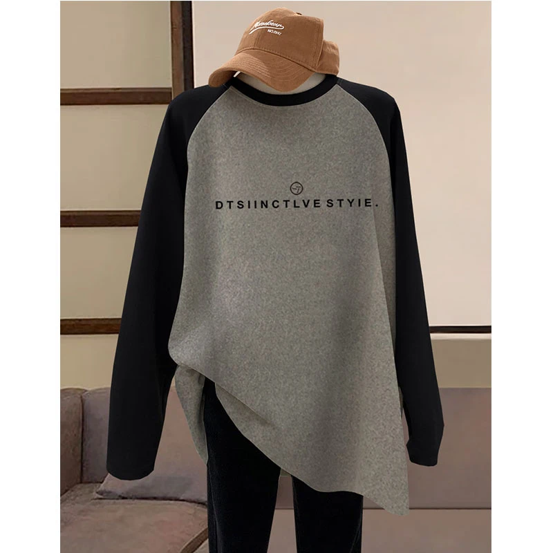 2025新爆款配鲨鱼裤长袖t恤女宽松中长遮屁股上衣春秋冬季打底衫