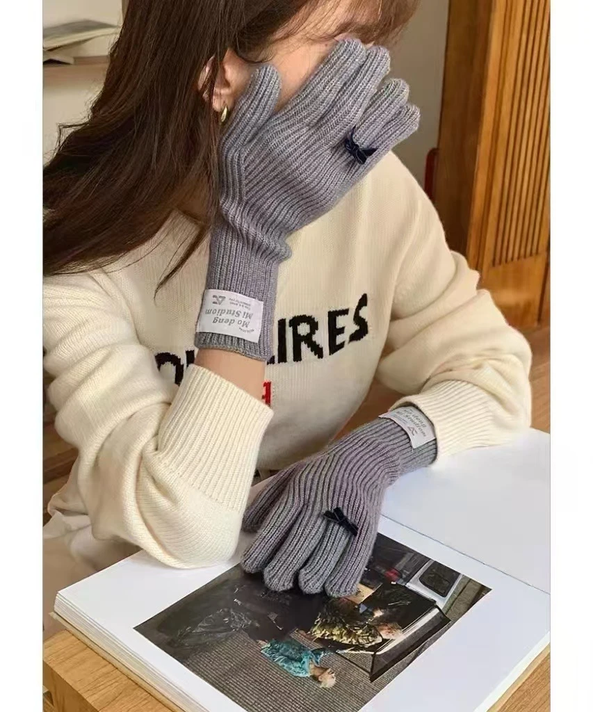 【米哆】韩版ins风装饰蝴蝶结针织秋冬保暖防护骑行两指可触女手套