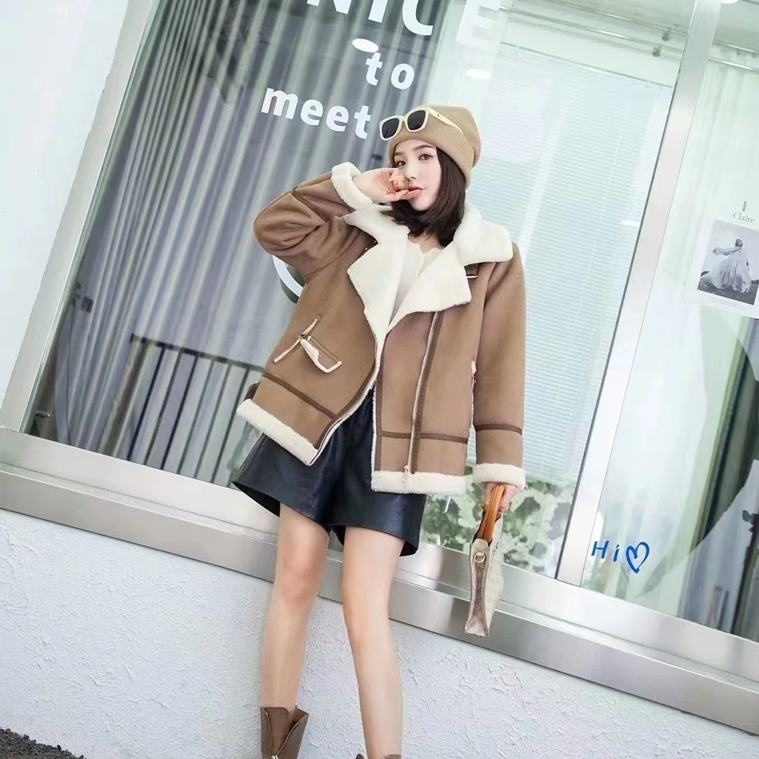 环保麂皮绒仿兔毛皮毛一体外套东季新款宽松显瘦时尚百搭女装*828