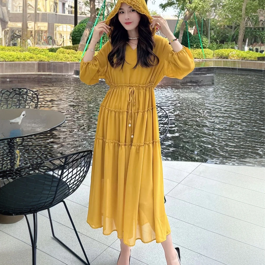 夏季新款连帽防晒遮肉显瘦气质长袖复古时尚女装连衣裙宽松连衣裙