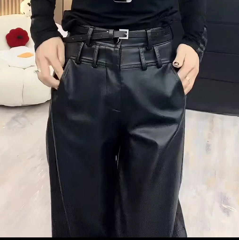 高腰双腰带显瘦九分阔腿皮裤女秋冬新款时尚百搭