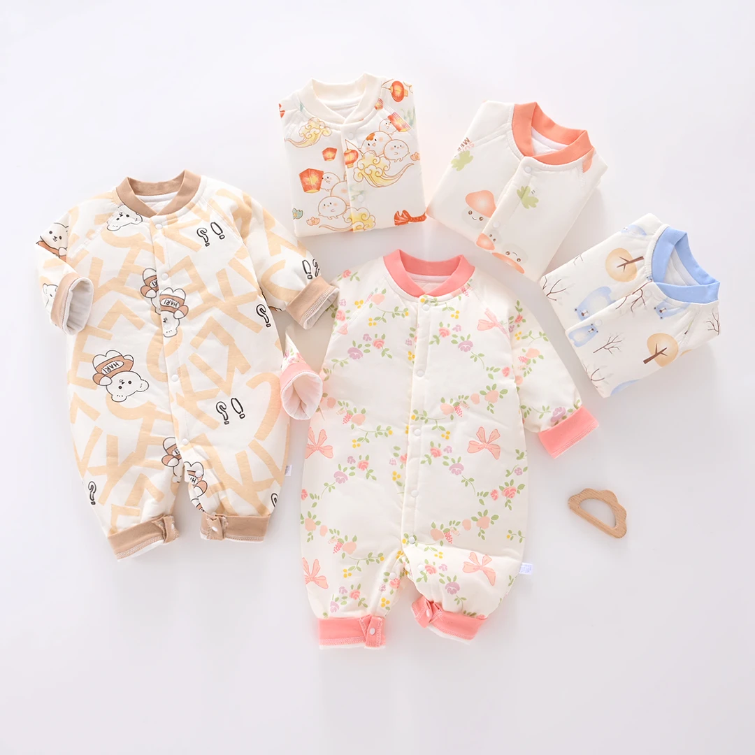 婴儿连体衣秋冬40克薄棉宝宝纯棉长袖新生儿哈衣爬爬服洋气外出衣
