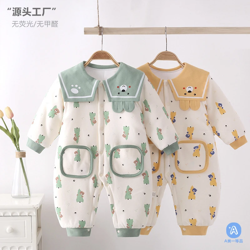 婴儿冬季夹棉连体衣0-1岁小宝宝卡通爬爬服加厚保暖外出连体棉衣