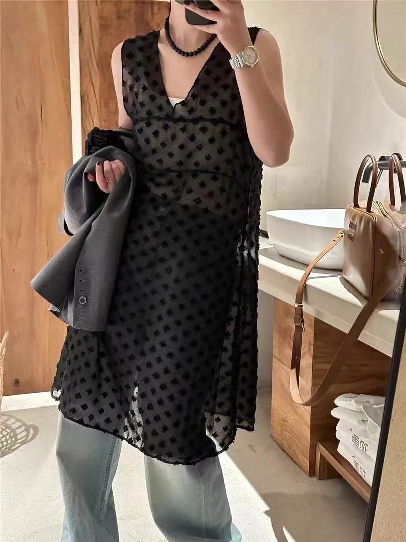 新款叠穿无袖背心连衣裙格子拼纱衬衫裙宽松名媛茶歇朦胧罩裙2436