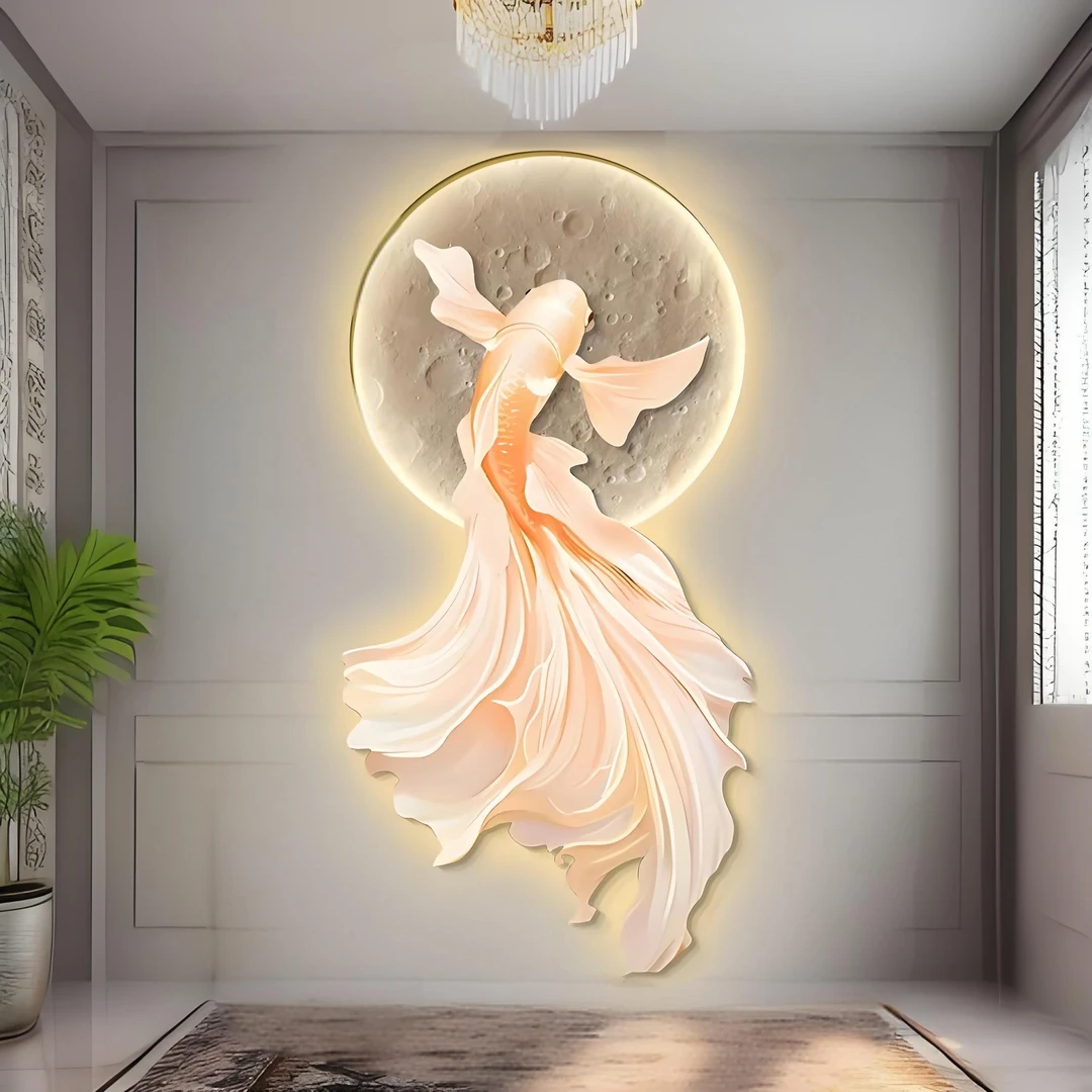 富贵鱼玄关装饰画轻奢客厅走廊过道入户竖版吉祥锦鲤背景墙壁画