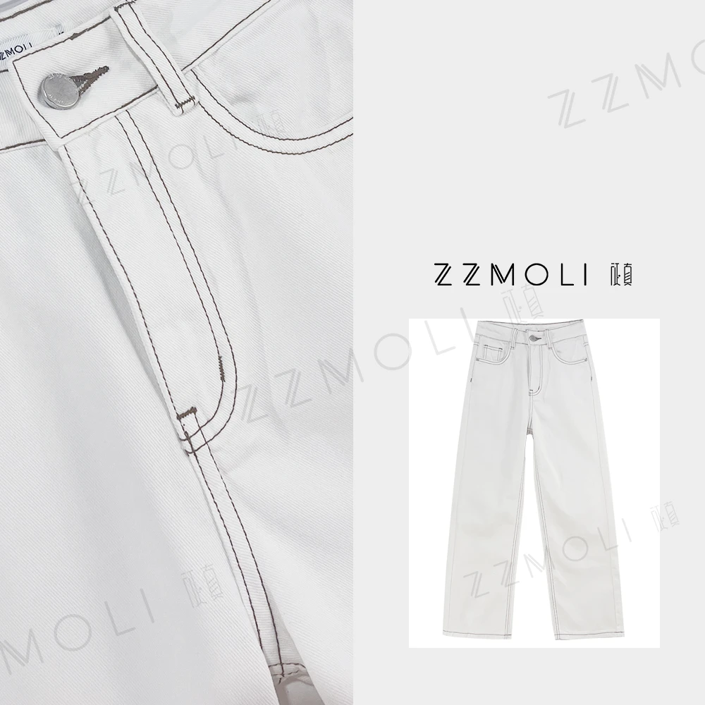 ZzMoLi"小白牛"简约白色牛仔裤女装夏季新款高腰直筒裤子ZBK85599