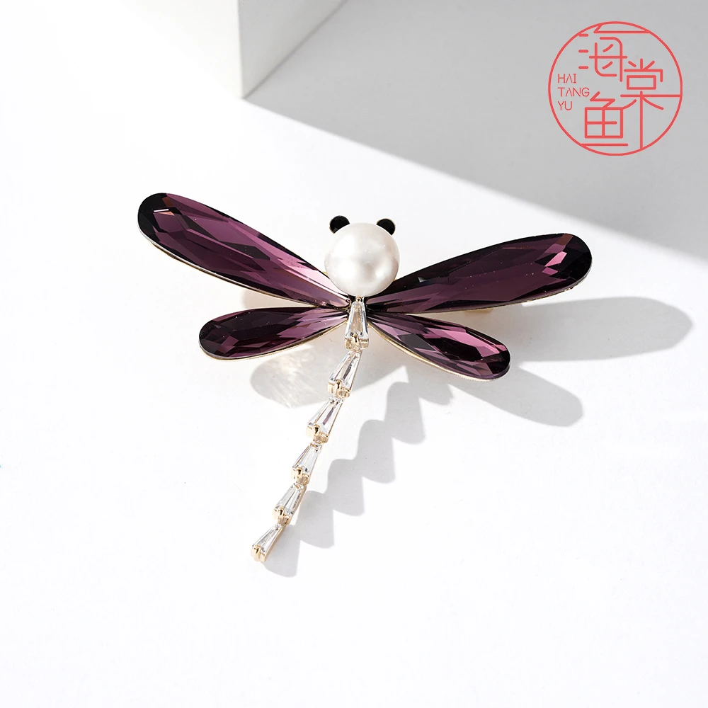 铜合金仿水晶胸针 HY2292珠珠紫蜻蜓胸针