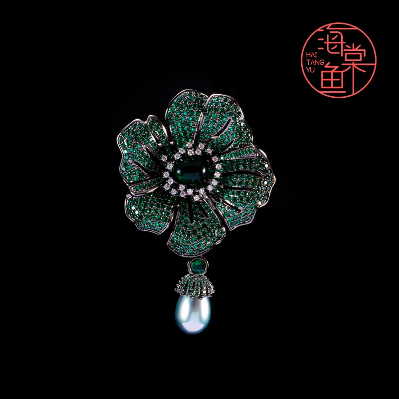 铜合金合成锆石胸针 时尚精镶大气绿色花朵胸针3272