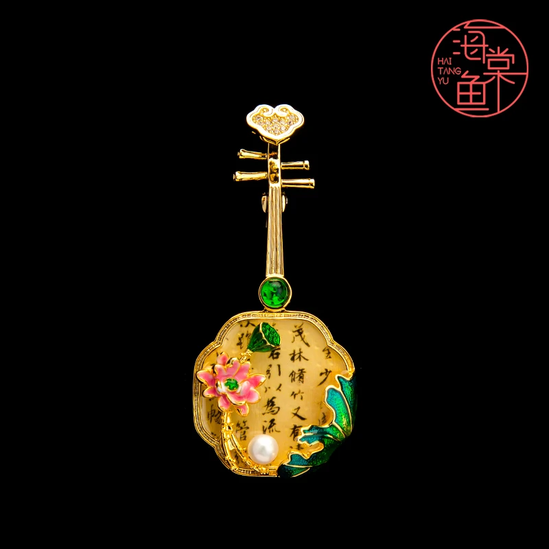 铜合金合成锆石胸针 古雅气质百搭莲花琵琶胸针3343