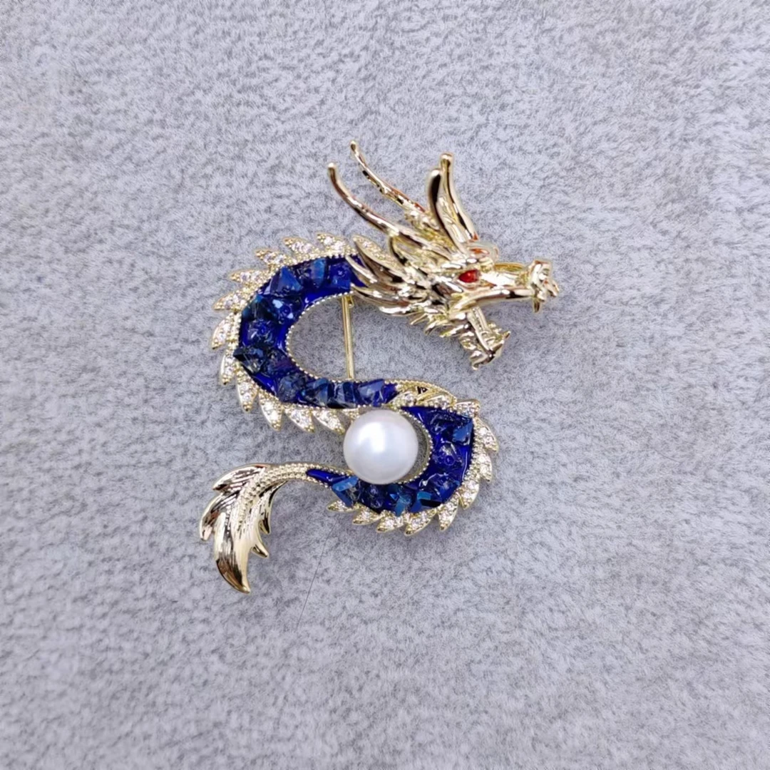 铜合金合成锆石胸针 时尚气质百搭珠珠蓝色龙胸针3479