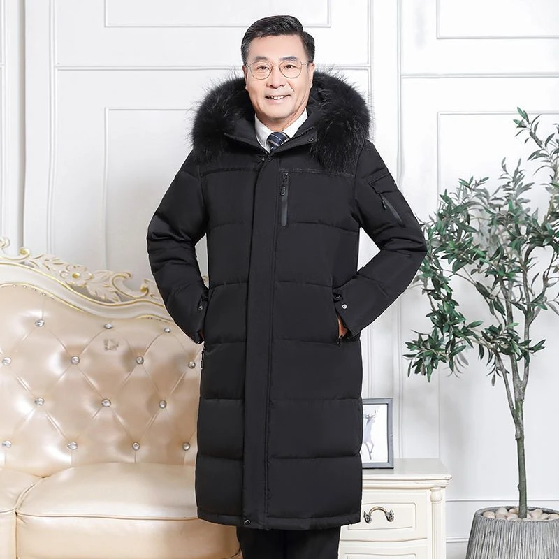 老爷车中老年白鸭绒羽绒服男长款加厚过膝大码中年爸爸装加冬外套