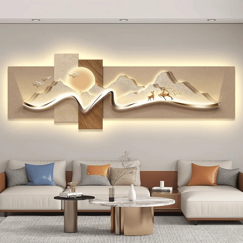 轻奢大气带灯客厅装饰画沙发背景墙挂画壁画简约现代高级感横幅