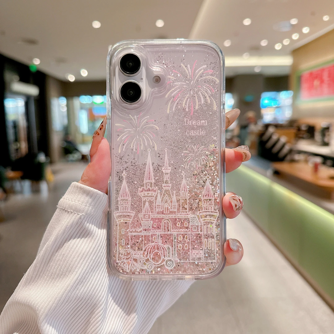 粉色梦幻烟花城堡流沙手机壳适用苹果16promax华为p70创意15防摔