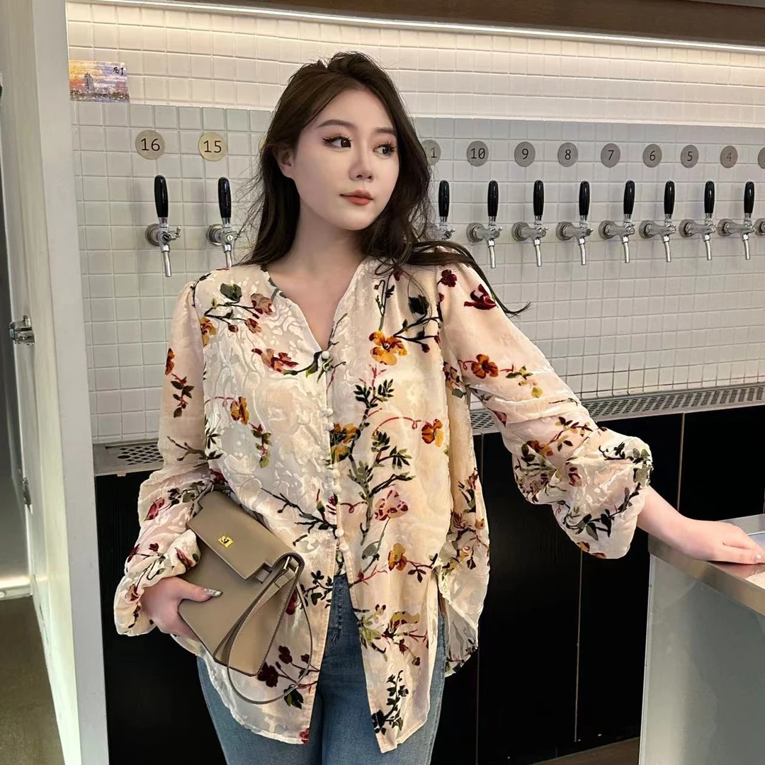 【琪琪推荐】大码女装‘海归线‘春季新款印花显瘦衬衫T12808QQ