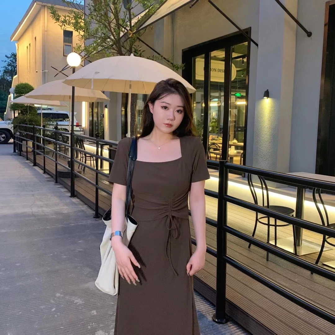 【琪琪推荐】大码女装方领高级感显瘦慵懒风长款连衣裙D11569QL