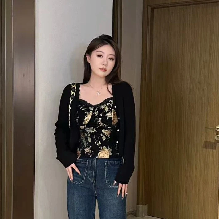 【琪琪推荐】大码女装秋季韩版独特肌理感刺绣小吊带+外套T31792QQ