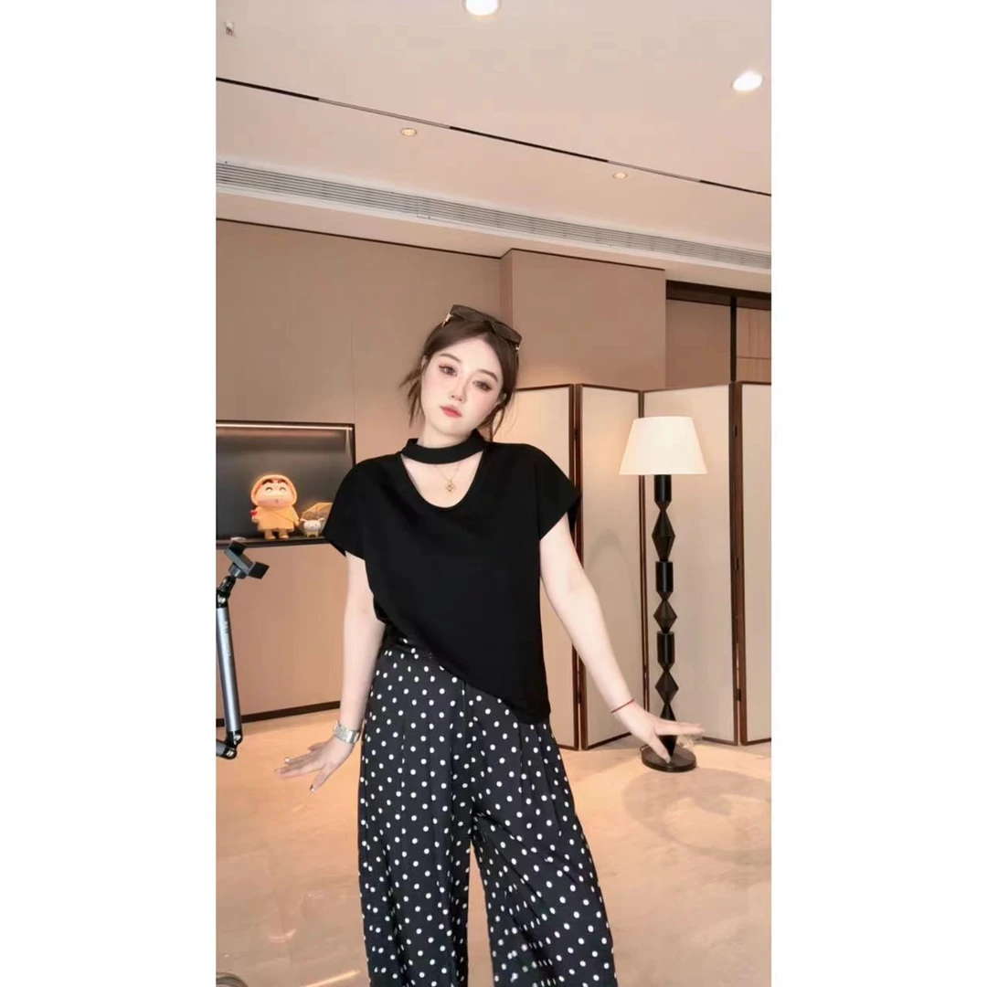 琪琪怪怪大码女装【布鲁斯夏日】时尚挂脖简约纯色百搭T恤T14320QZ