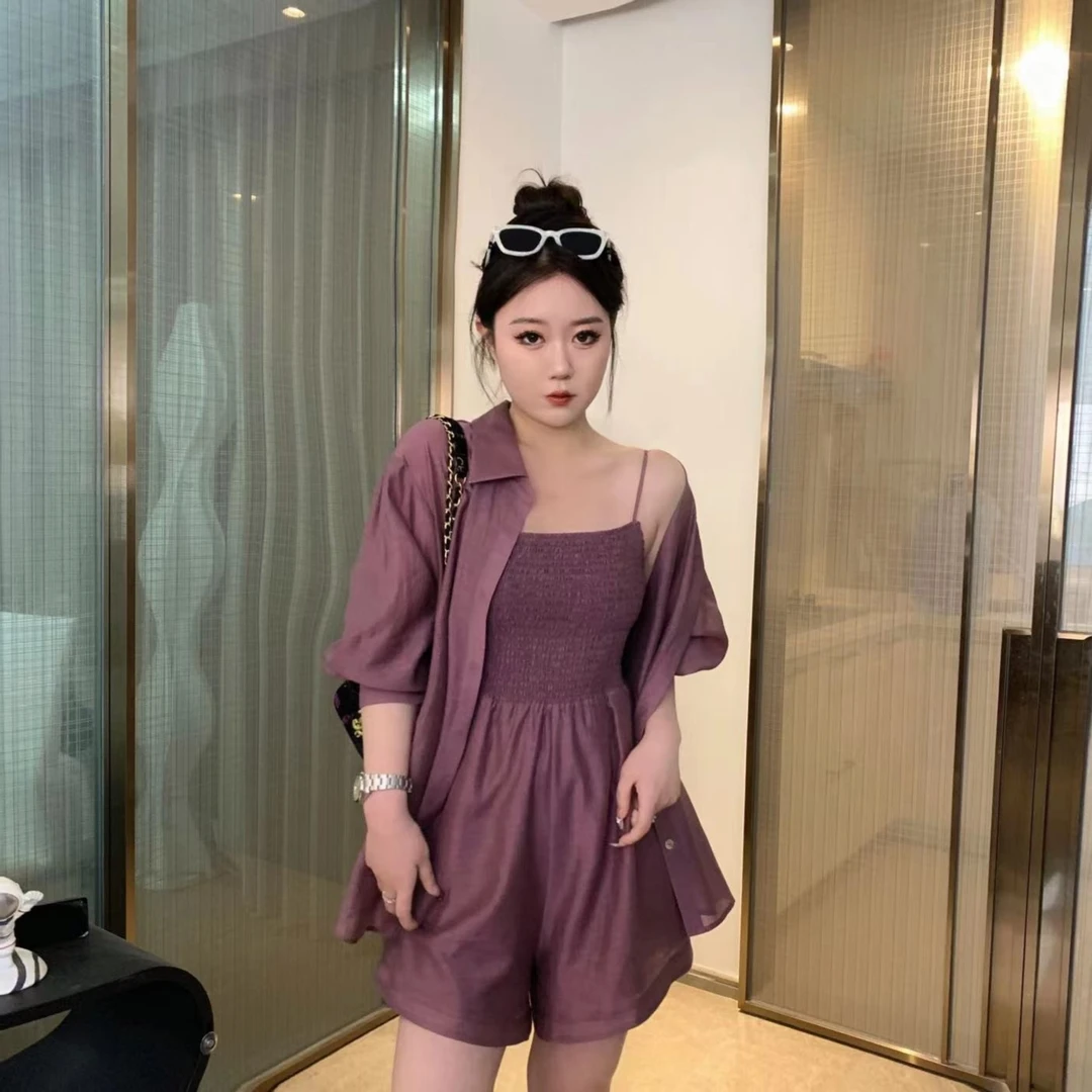 【琪琪推荐】大码女装韩版减龄时尚防晒衬衫+背带短裤T11048QQ