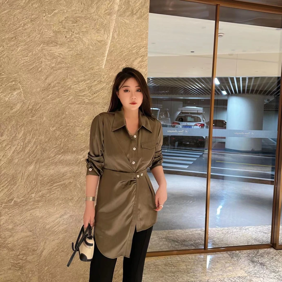 【琪琪推荐】大码女装高级感不规则设计时尚褶皱系带衬衫J11939QQ