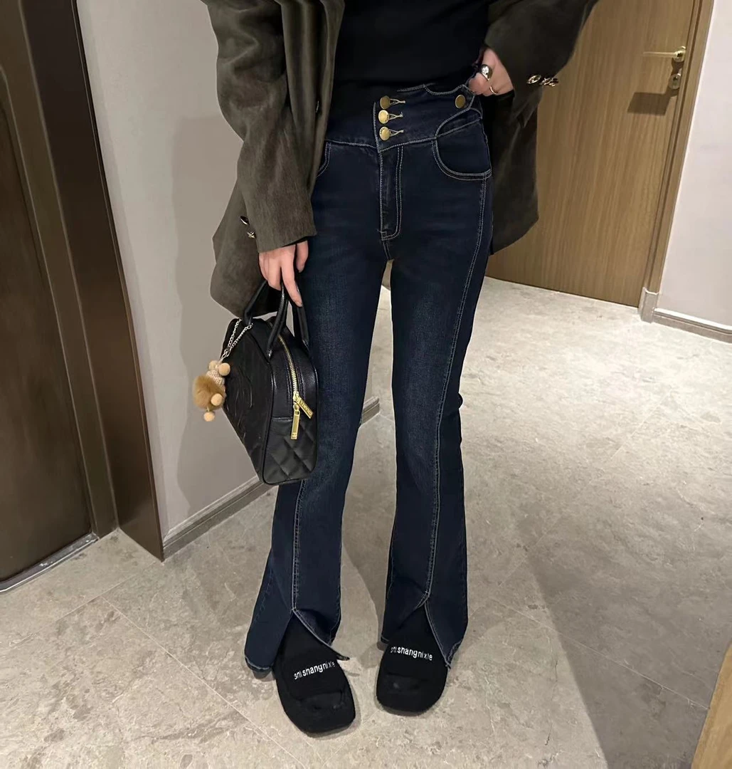 【琪琪推荐】大码女装高腰金属扣设计感开叉简约牛仔裤P232533QQ