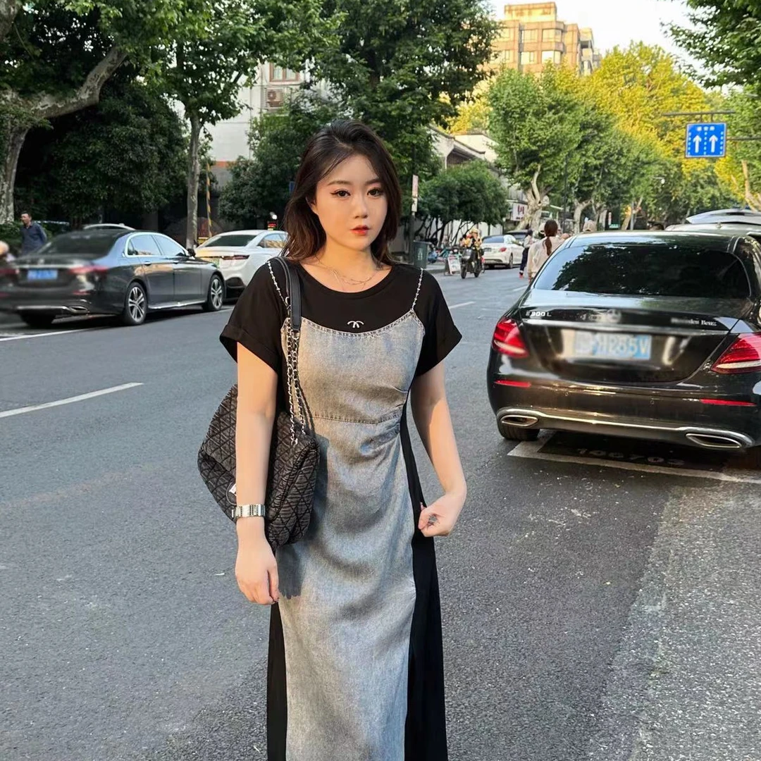 【琪琪推荐】大码女装设计感夏季假两件拼接褶皱连衣裙D11397QTQ