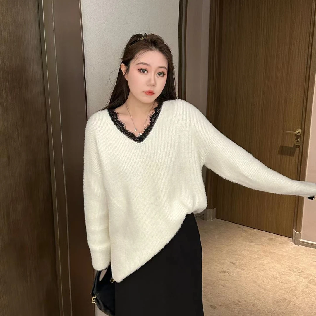 【琪琪推荐】大码女装气质长袖网红白色针织时尚套头慵懒风T62696QL