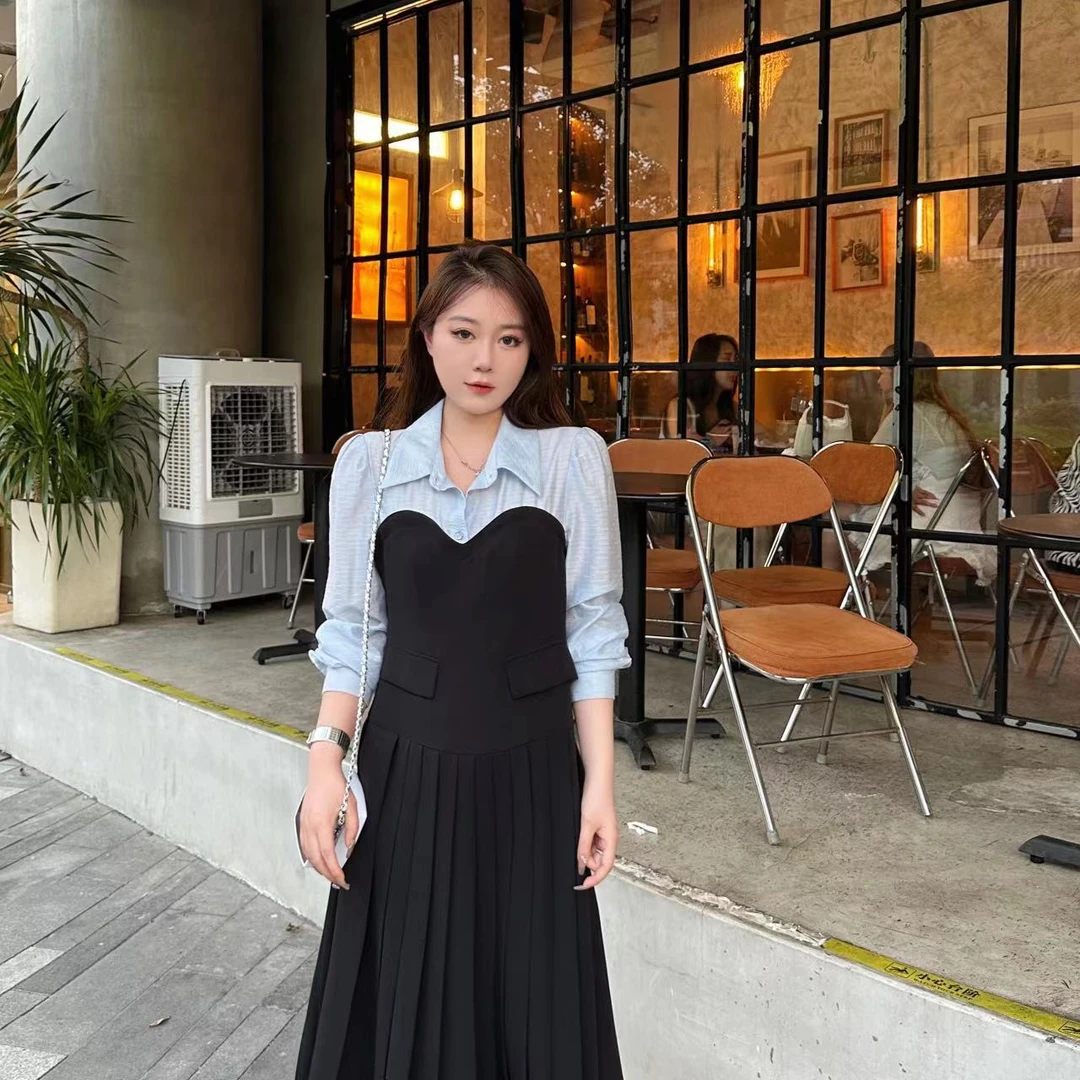 【琪琪推荐】大码女装新款拼接撞色设计感假两件长袖连衣裙D1879QL
