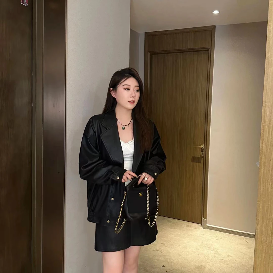 【琪琪推荐】大码女装秋季新款设计感翻领宽松皮衣外套J21835QL