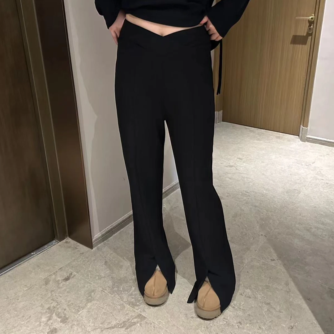 【琪琪推荐】大码女装加厚开叉设计感镂空交叉高腰直筒裤P42395QQ