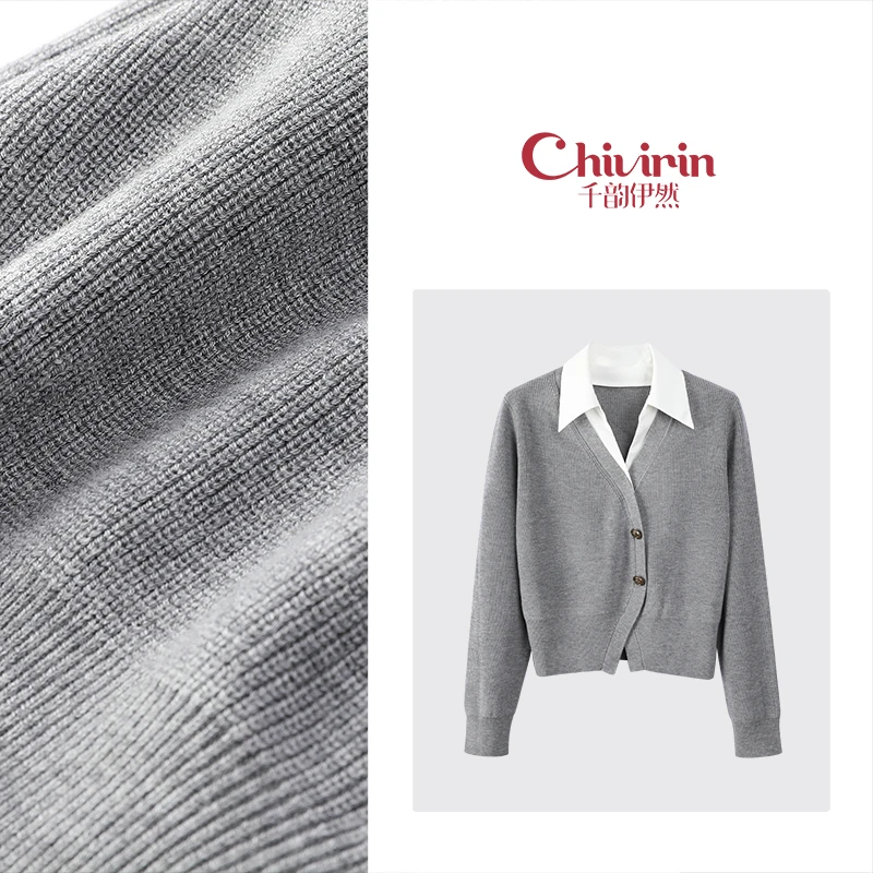 【蕾07】秋冬时尚百搭设计款翻领假两件套头针织上衣8582