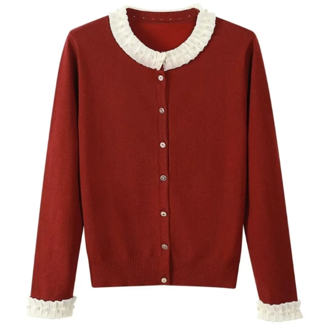 千韵3 时尚气质百搭设计款荷叶领针织开衫女上衣0290