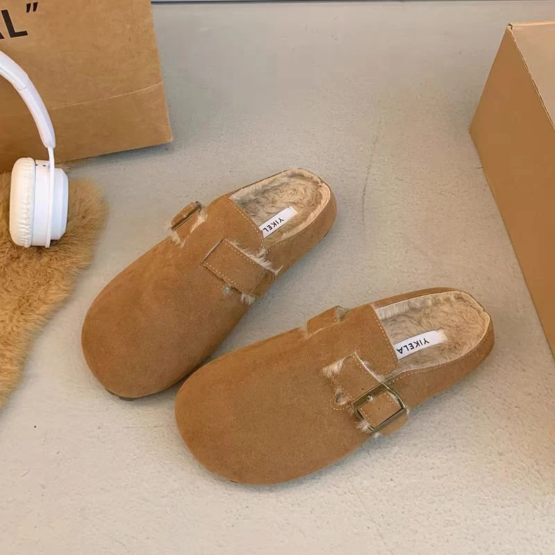 平底丑萌包头半托2025冬季加绒保暖棉拖鞋一脚蹬厚绒棉鞋勃肯鞋女