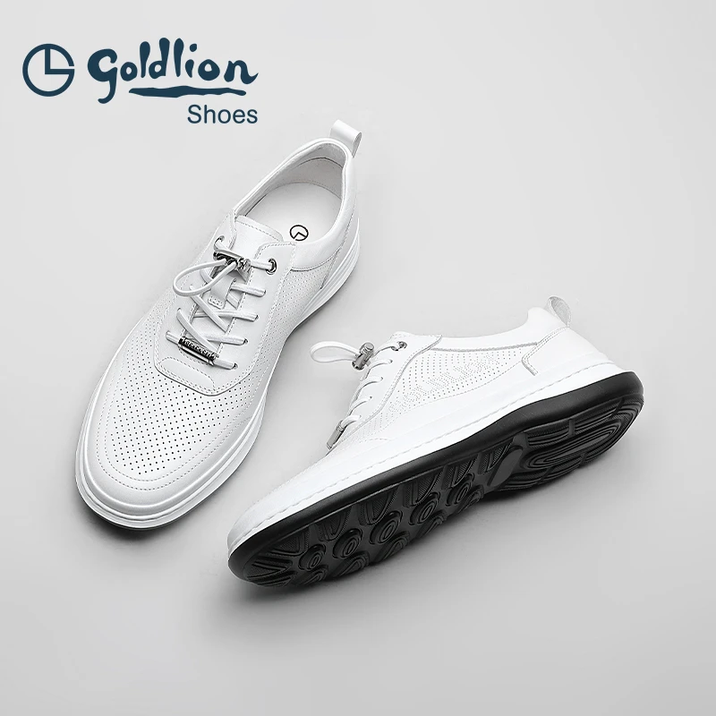 金利来男鞋夏季休闲皮鞋镂空透气小白鞋男款真皮运动鞋男士旅游鞋