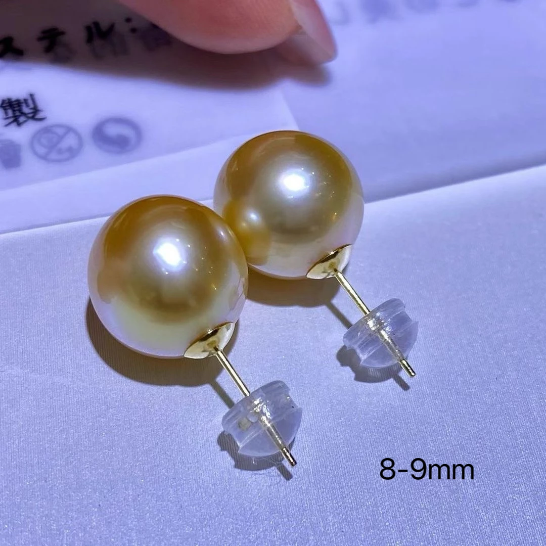 天然大颗南洋金珠海水珍珠耳钉18K金超气质耳饰天然正圆微暇耳环