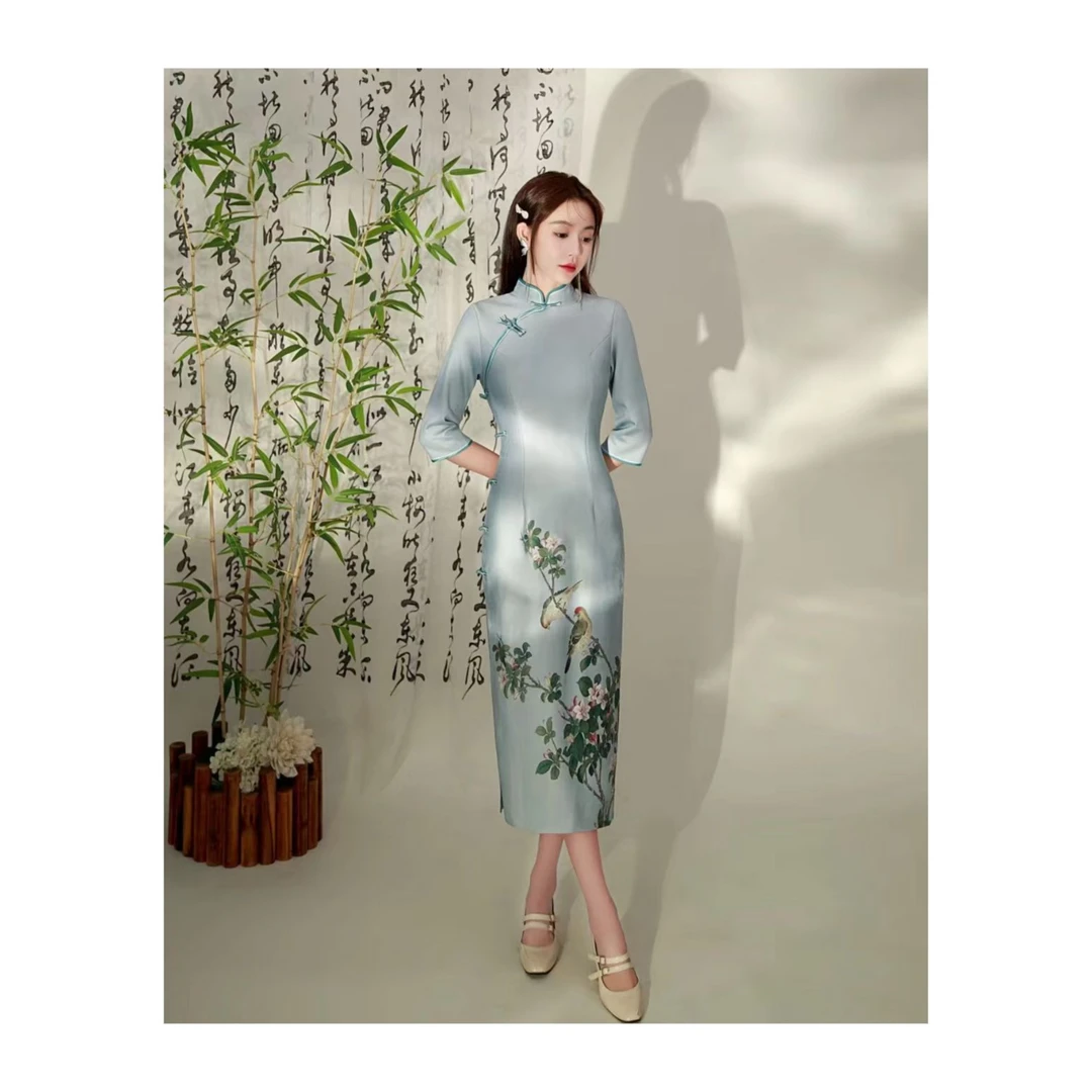 【沐秀】秋款气质网红夏季日常中国风复古定位花长款旗袍优雅显瘦