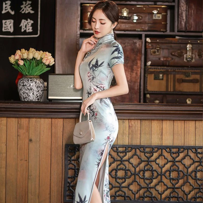 【醉枫】夏季气质长款日常不定位印花优雅手工花扣修身显瘦旗袍时