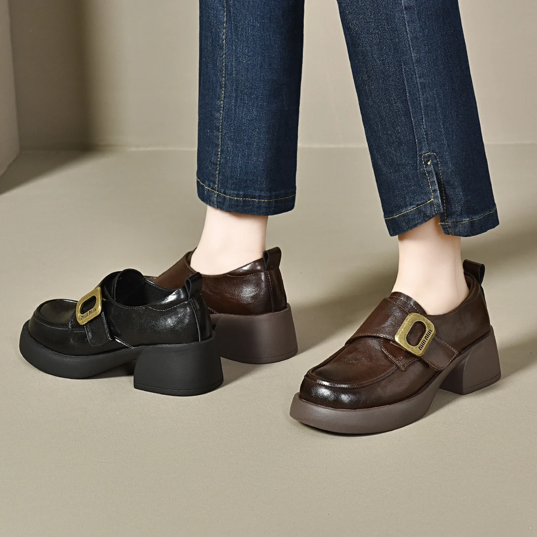 昔子908厚底乐福鞋2024秋冬新款女鞋单鞋软时尚百搭 黑色小皮鞋子